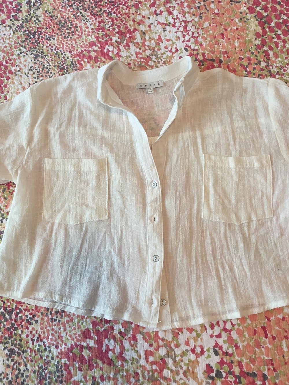 HYFVE White  Linen Button-Front Pocket Blouse